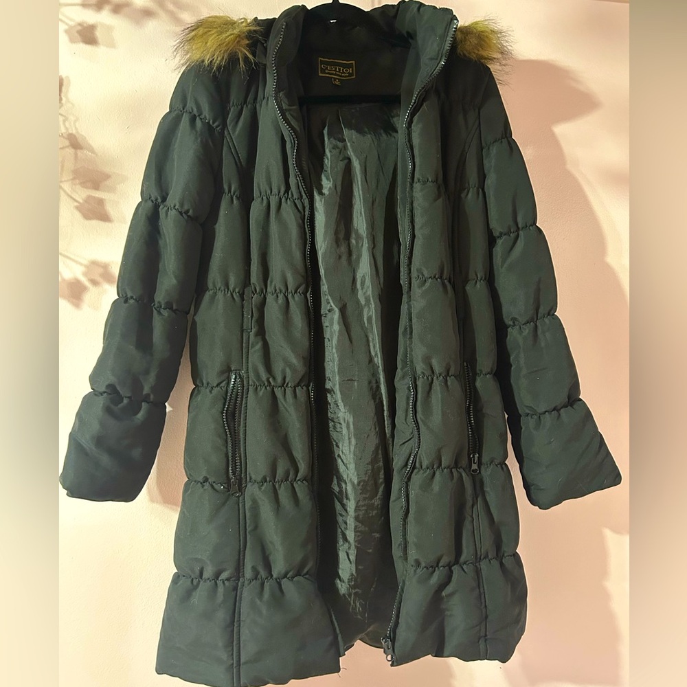Women’s C’est Toi brand, long black puffer jacket with fur around hood